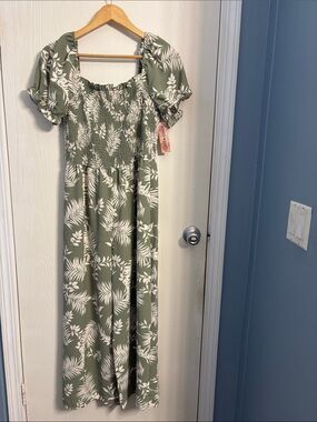 Inspired Hearts Olive Green & White Floral Smocked Maxi Jumpsuit